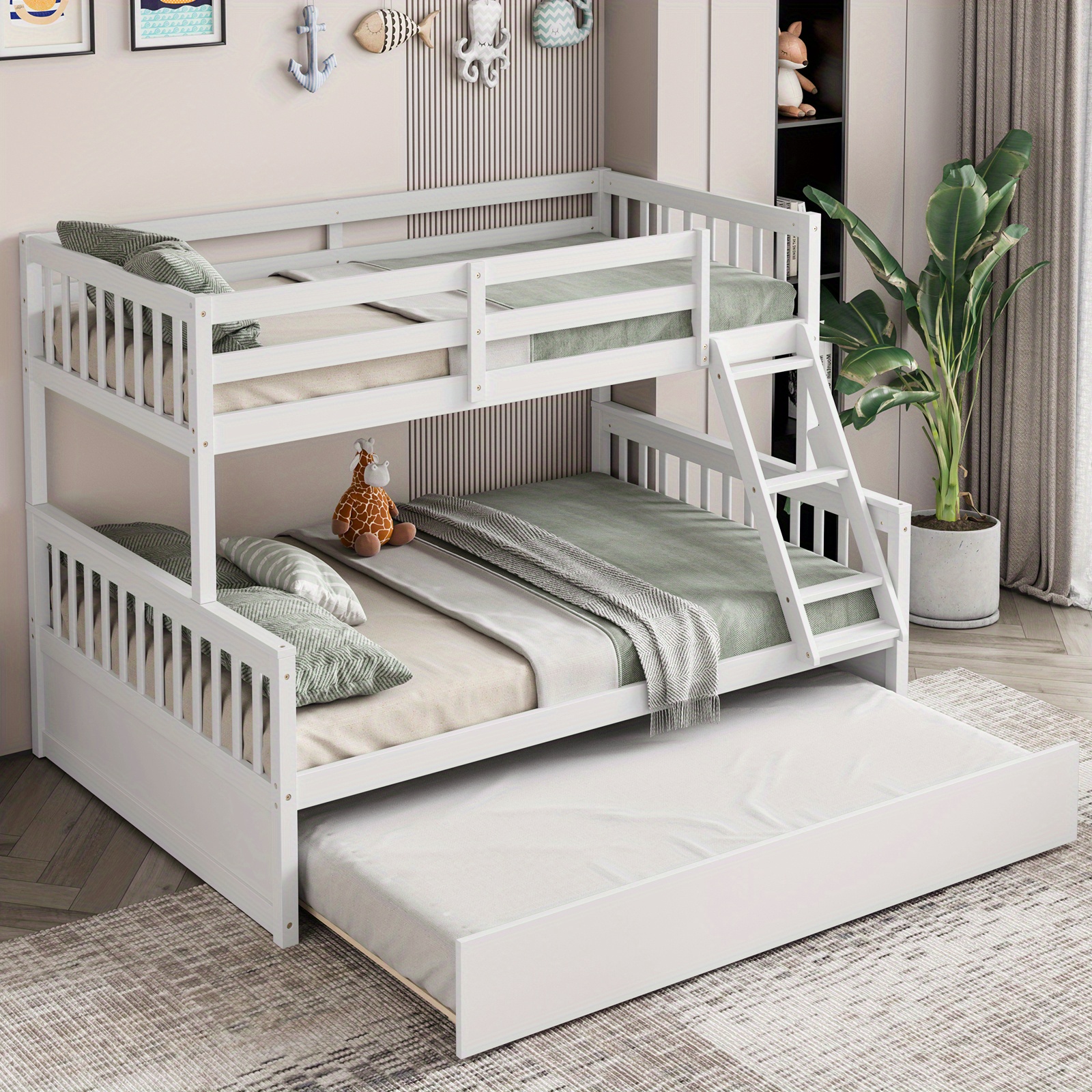 TEMU Gymax Twin Over Full Bunk Bed With Trundle, Convertible Platform Bed Frame With Ladder, Solid Wood Frame & Safety High , Space-saving Bunk Bed