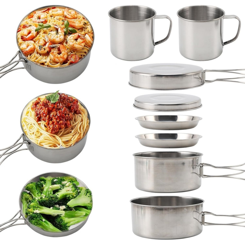 TEMU Camping Cookware Set For 2- 3 People Stainless Steel Camping Cooking Set, Portable Camping Cookware Mess Kit 8pcs Cooking Gear Outdoor Traveling
