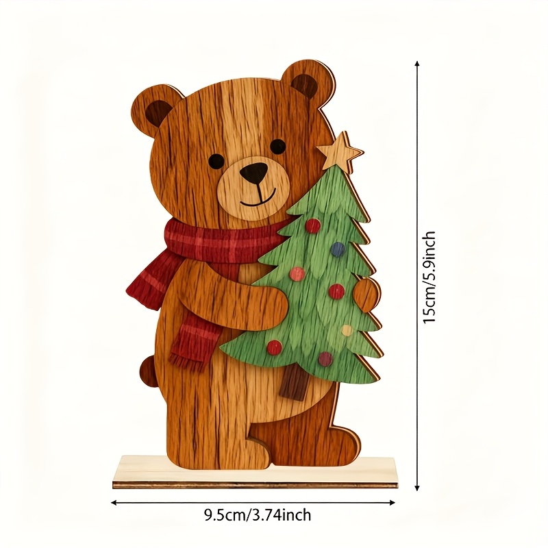TEMU 2d Flat, 2d Flat 2d Plane. 1pc. Wooden Bear Hugging Christmas Tree Desktop Ornament - Suitable For Home, Office, Parties - Ideal Christmas Gift,