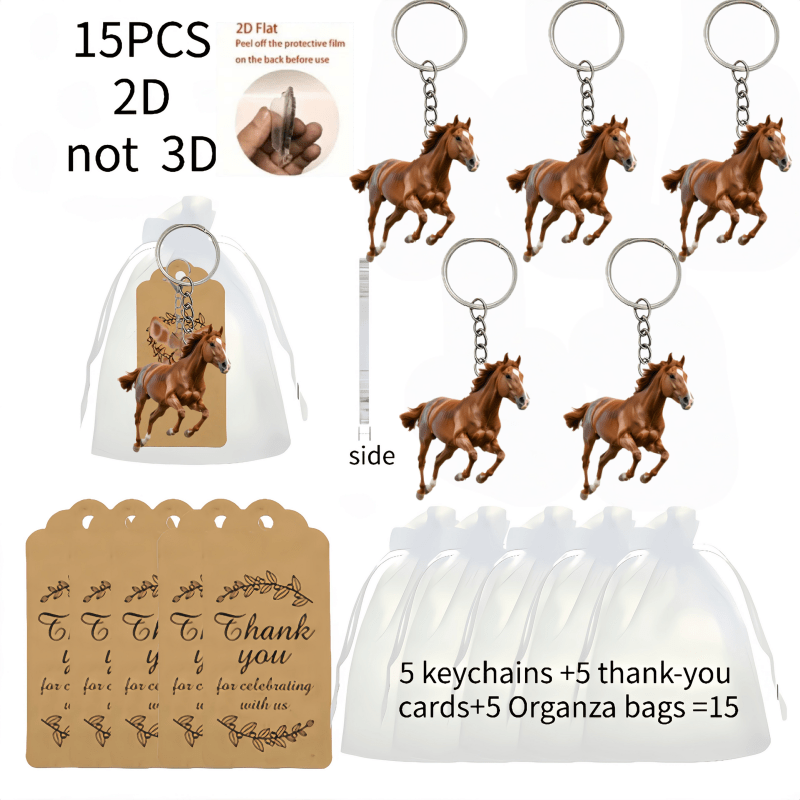 TEMU Decorazione 2D Piatta per Specchietto Auto con Cavallo al , 15 Pezzi - 5 Portachiavi in Acrilico con Design 2D + 5 Biglietti di Ringraziamento +