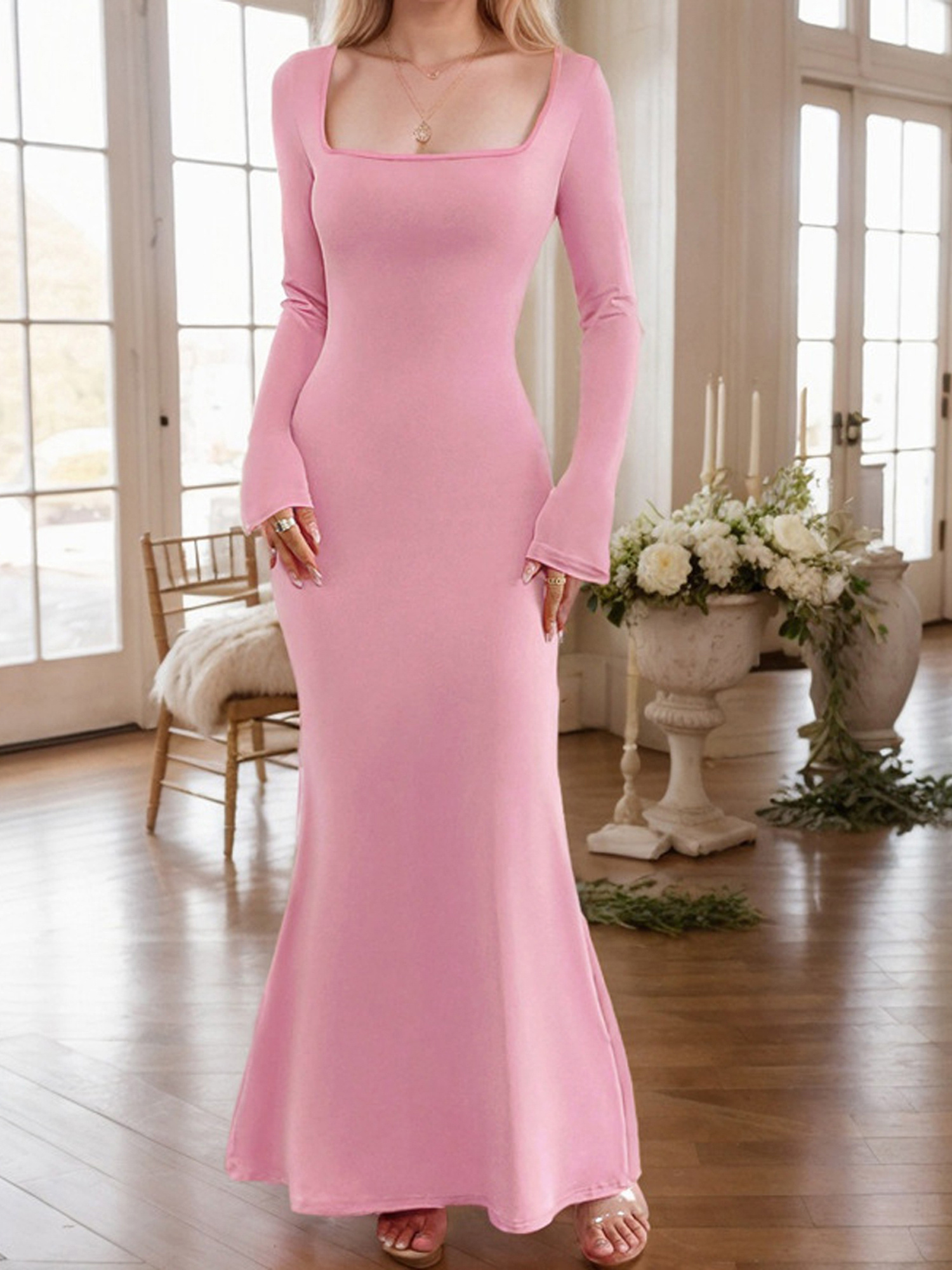 fitted lace wedding dress Colors 3237 Size 0,6 Lilac Prom Dress Sheer Lace A Line Long Sleeve Sh main image 0