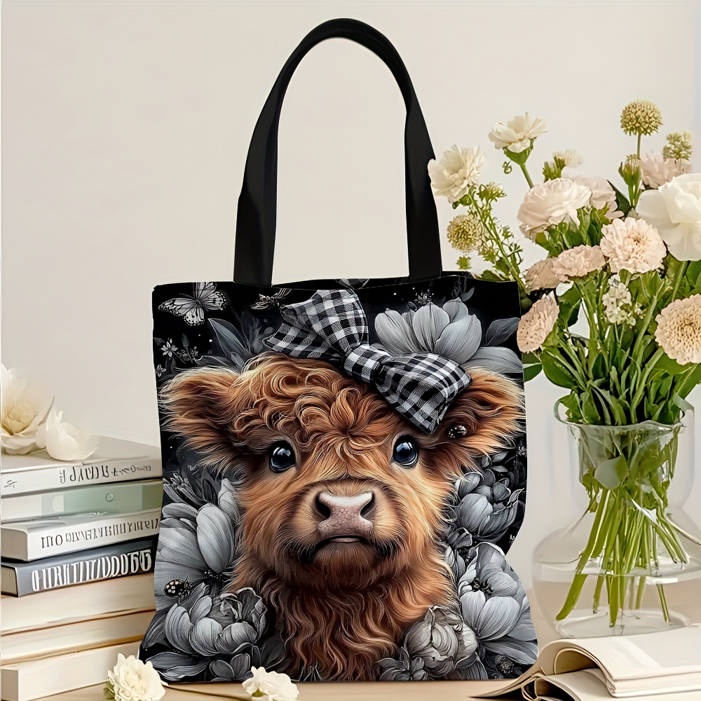 TEMU 1pc (2d Flat Design, Tote Bag Only) Large Capacity Foldable Lightweight Tote Bag, Ins-style Scottish Highland Cow Black And White Floral Bow