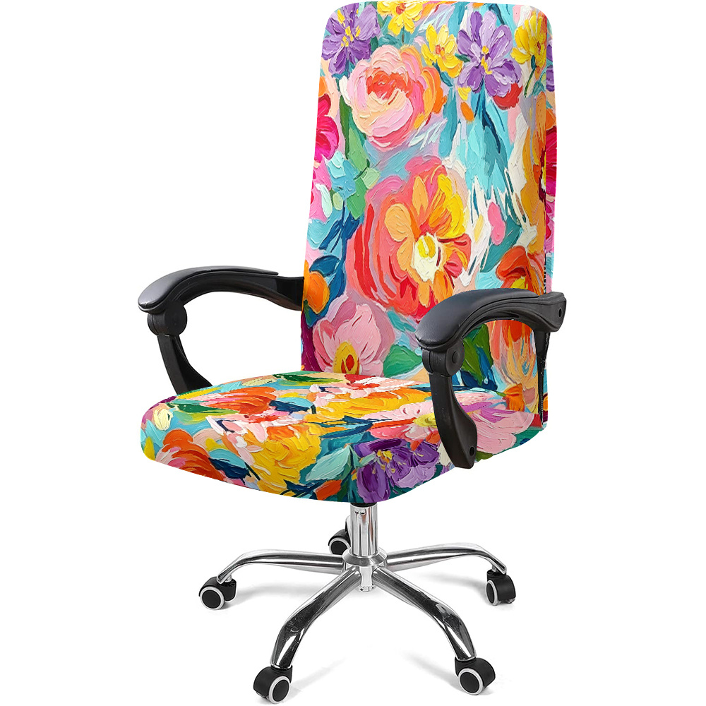 TEMU 1 Set Of Oil Painting Floral Print Office Chair Cover, With Elastic Stretchable Fabric Detachable And Machine Washable. Suitable For Use In