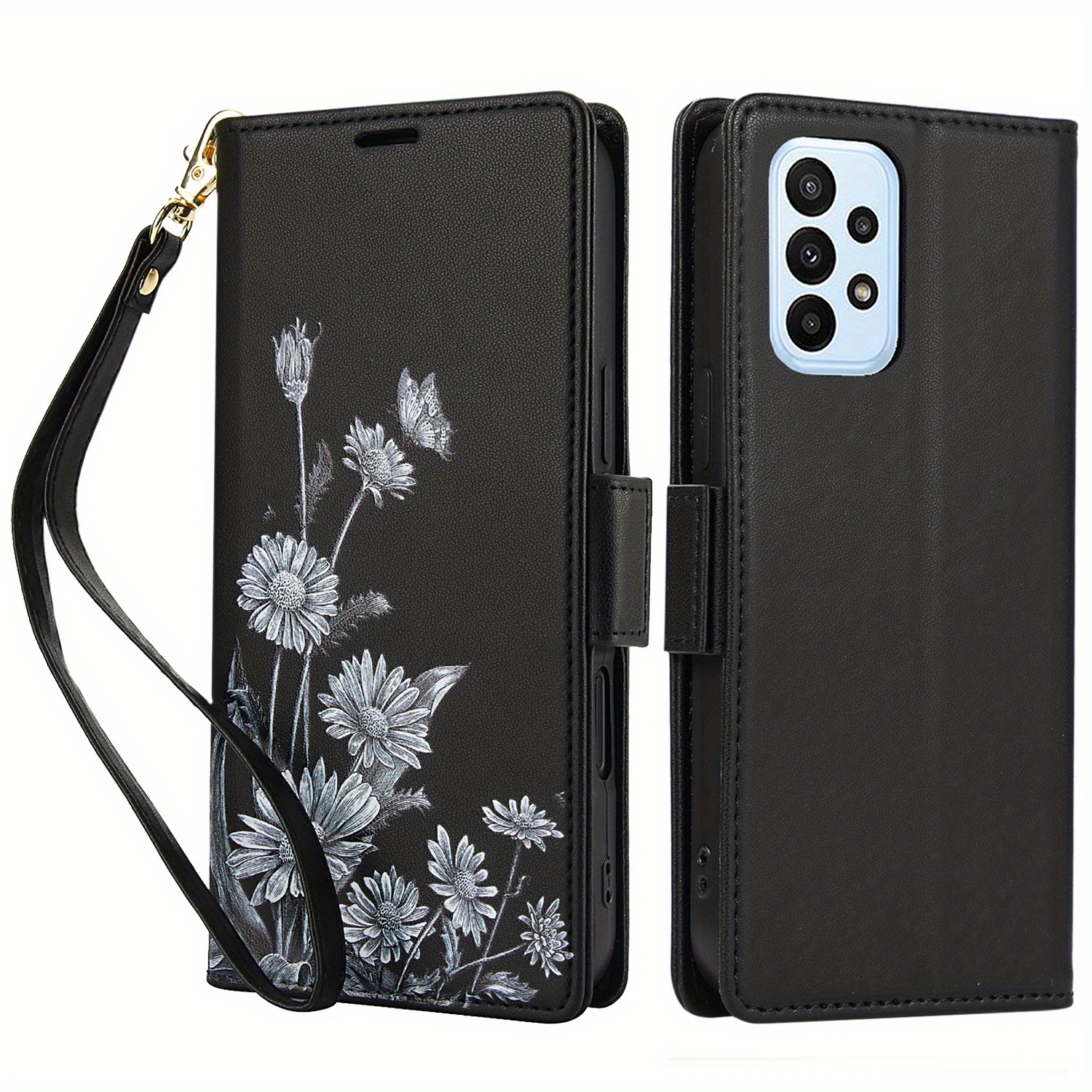 TEMU Black Vintage Printed Side Design Multi-card Short Wrist Strap Artificial Leather Phone Case, Featuring A Card Holder Flip Cover Wrist Strap And