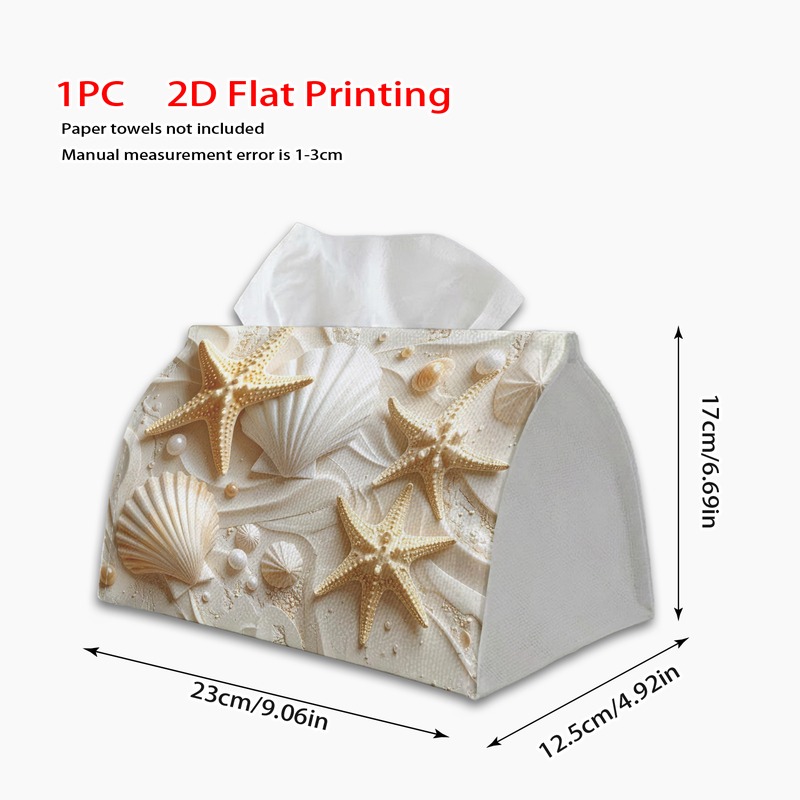 TEMU 1pc Tissue Box, Elegant Coastal Starfish Seashell Pearls Pattern, 2d Flat Printing, With Strong Polyester, Easy To Carry, Napkin Box, For Table,