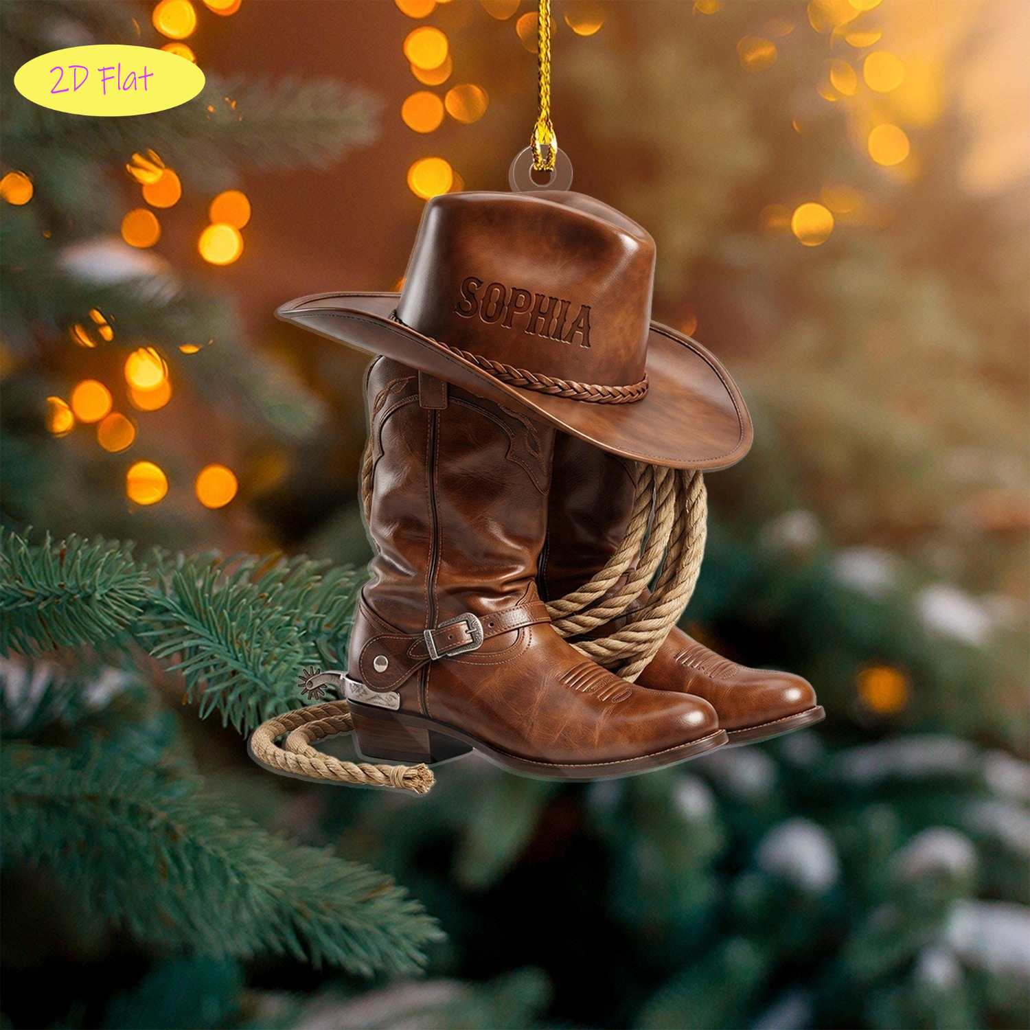 TEMU 2d Flat, Personalized Western Cowboy Boot & Hat Ornaments - Custom Name/text Suitable For Christmas Tree Decorations, Round Country Style Rodeo