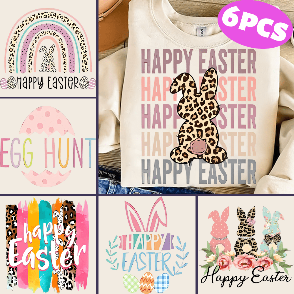 

6-pack Easter Bunny Iron-on Heat Transfer Stickers, Water-resistant Paper Applique Decals For Diy , Suitable For T-shirts, Jeans, Bags, Masks - & Egg Hunt Designs