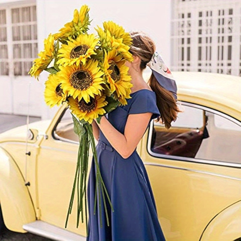 5 Girasoles Artificiales de Lujo - Tallos Largos Grandes y Totalmente Abiertos, Flores de Plástico Amarillo Vibrante, Perfectas para Ramos de Boda, Decoración del Hogar, Centros de Mesa, Sin Mantenimiento, Flores Artificiales para Exteriores
