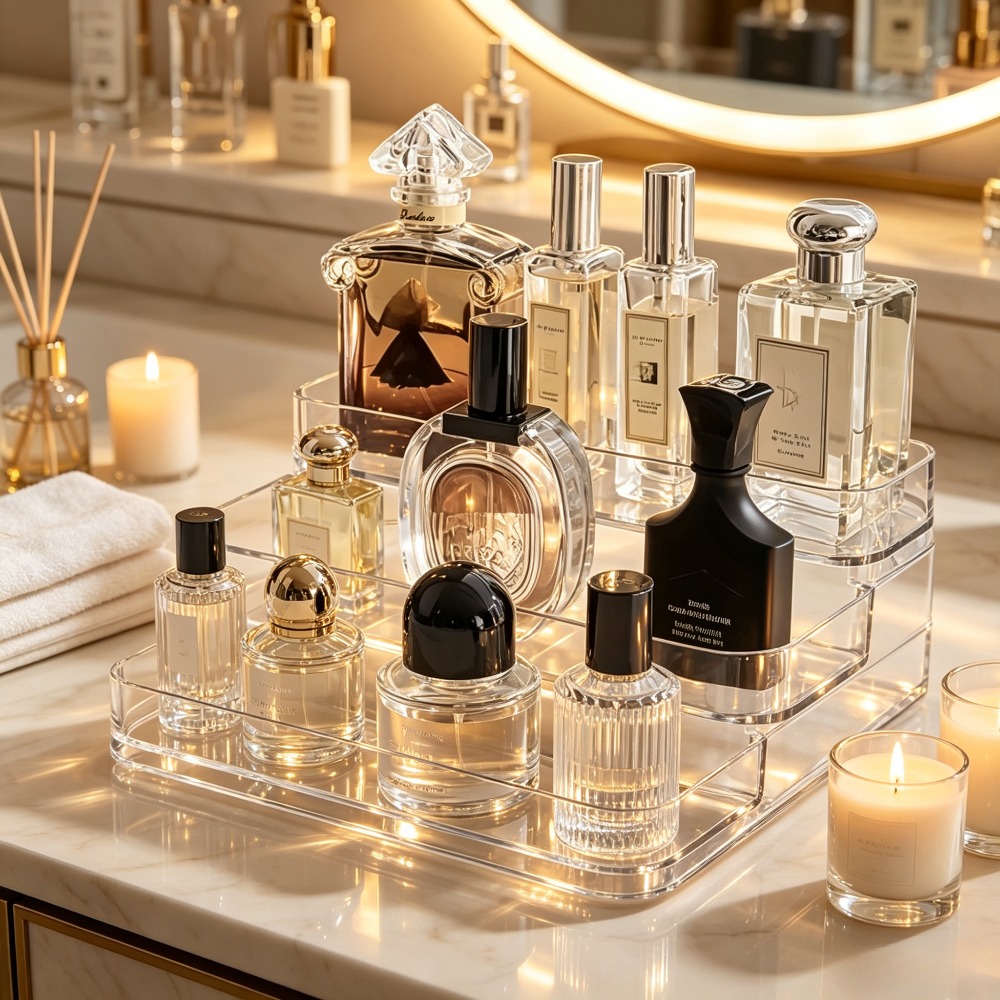 TEMU Luxury Clear Acrylic Multi-compartment Makeup Organizer, Sturdy Countertop Storage Tray For Perfume, Skincare & Cosmetics, Elegant Vanity Caddy