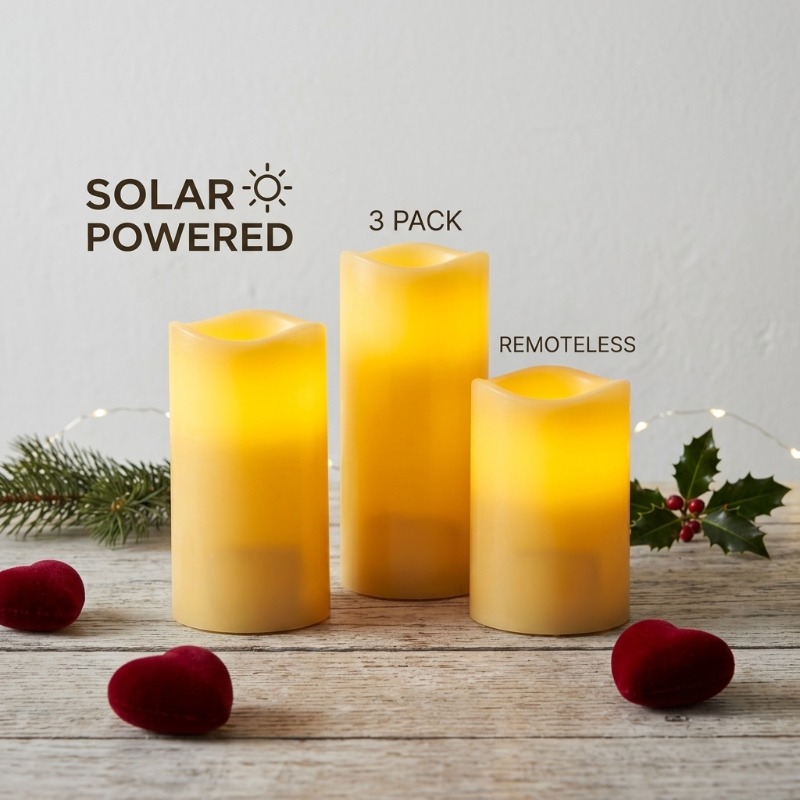 TEMU 3pcs Lampes Bougies Solaires LED | Lumières de Bougie Jaune Chaud d'Extérieur | Bougies Solaires Clignotantes avec Capteur à l' | Alimentées par