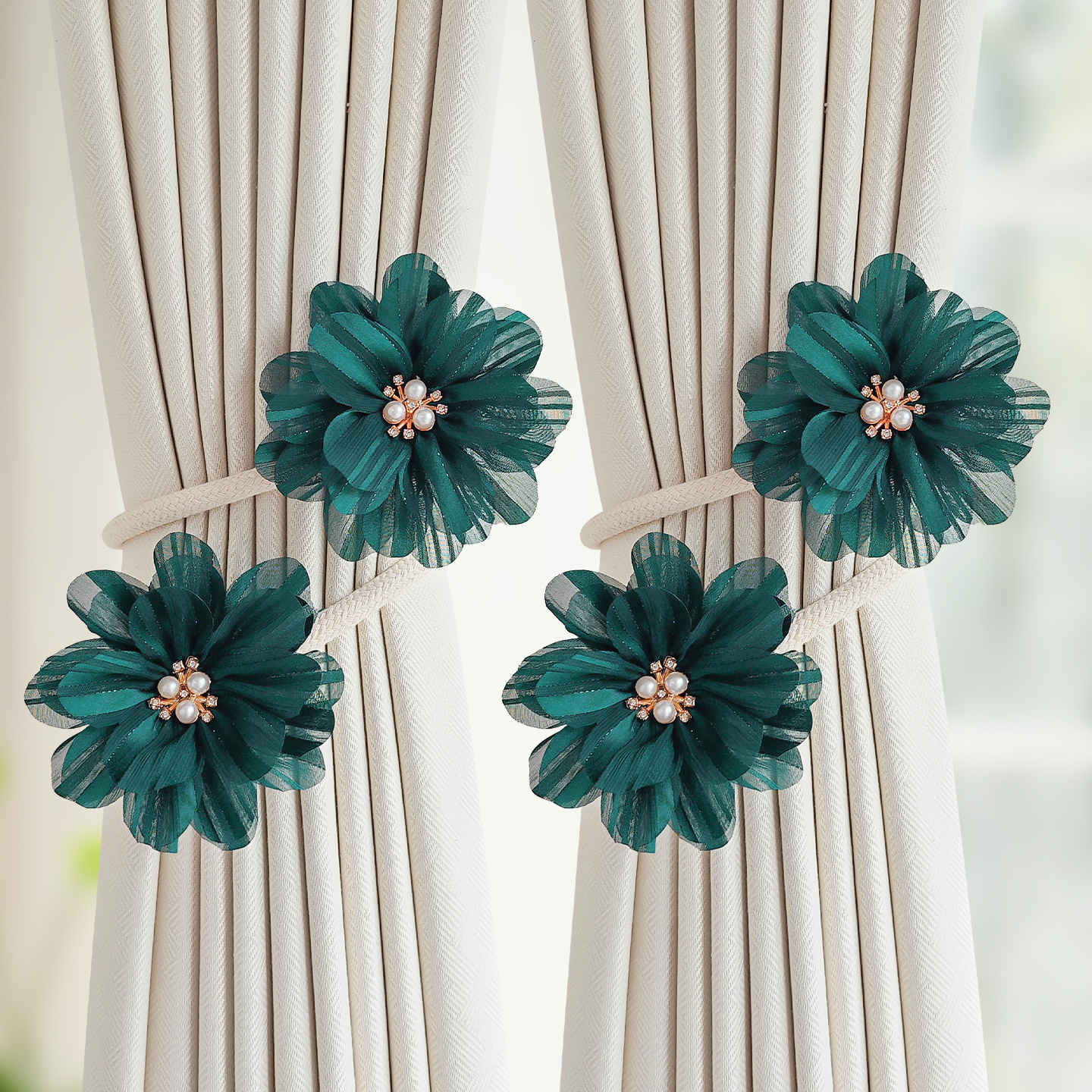 TEMU 2pcs Exquisite Flower Curtain Buckle With Pearls, Elegant Floral Curtain Tieback, Light Curtain Decor For Bedroom And Living Room