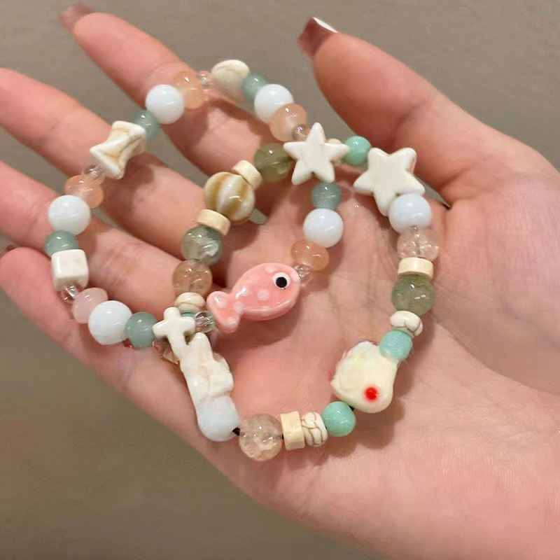 Sweet Ceramic Fish Bead Frog Bracelet Elastic Rope Wristband