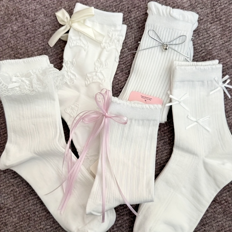 TEMU 5-pair White Socks, Cute High-value Socks, Versatile Lace Bow Sweet Women's Socks