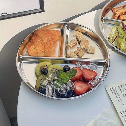 1pc Stainless Steel Partitioned Dinner Plate- Three-Compartment Round Plate with Fixed-Portion Design. an Adult- Plate for Weight- Loss, with Compartments in A Fixed- for Portion Control