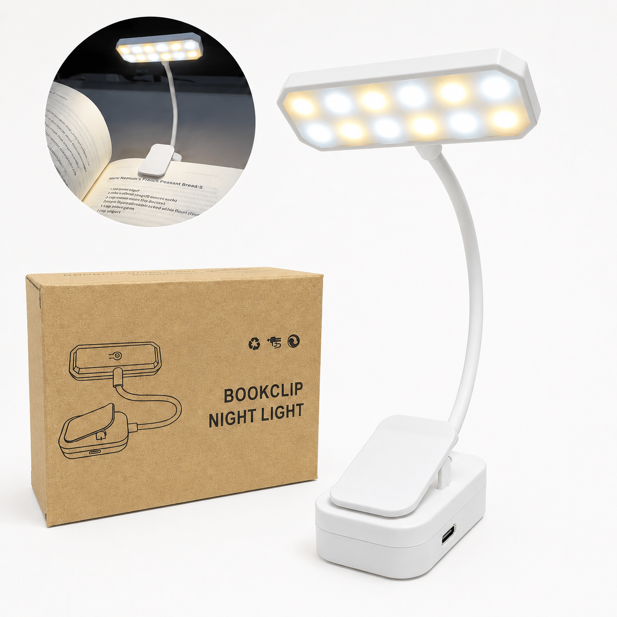 Image of 1pc Rechargeable Led Clip-on Reading Light, 360° Flexible Gooseneck Book Lamp, 3 Color White/natural/warm Light, Dimmable -friendly Light For Night Reading, Study, Bedside, Desk & Office