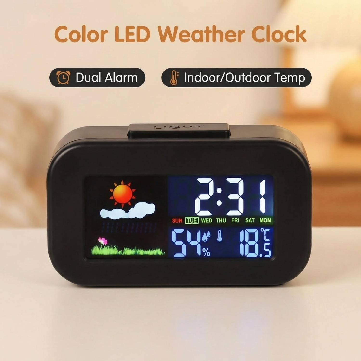 E-shop 2026Pro Eine farbenfrohe Wetterstation-Uhr mit großem, hintergrundbeleuchtetem Display, die Temperatur und Luftfeuchtigkeit in überwacht, mit