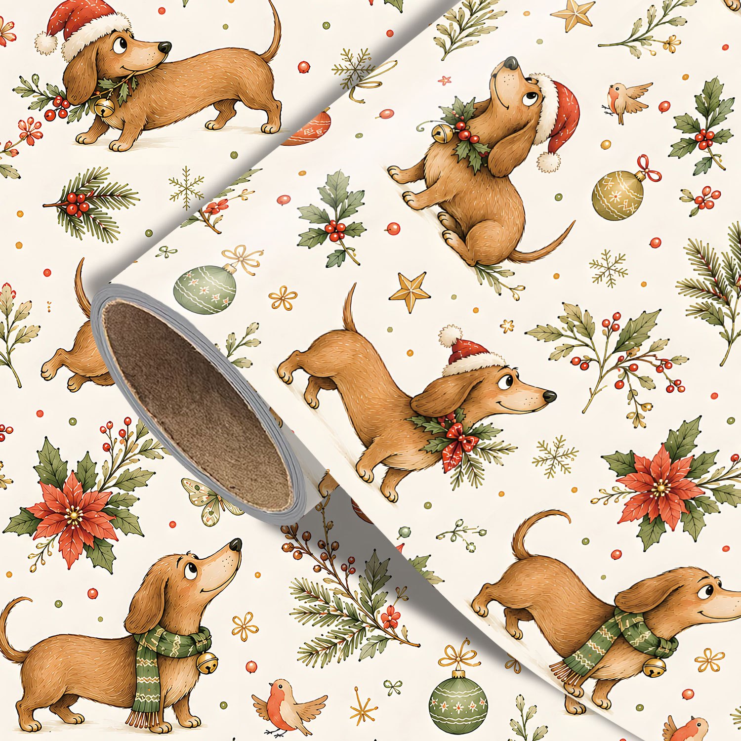 TEMU Rouleau de Noël Chien - 17.7 X 118 pouces, Papier d'emballage cadeau de Noël avec chiens de , chapeaux de Père Noël, fleurs de poinsettia et