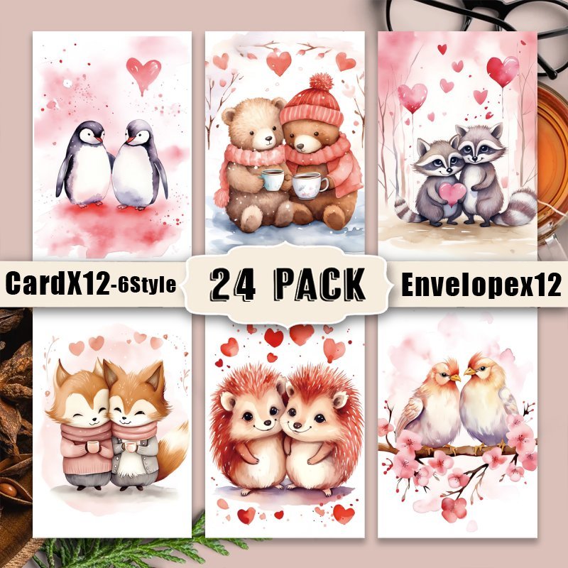 

24-pack Of Animal-themed Valentine's Day Greeting Cards With Envelopes, Couples, Including Cards For , Wives, , Girlfriends, And .