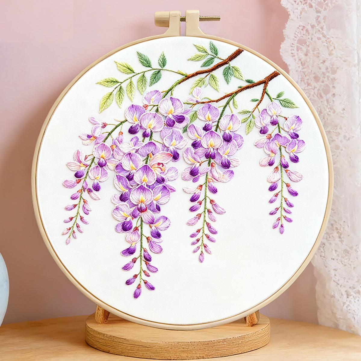 TEMU 1 Set Adult Beginner Wisteria Flower Floral Pattern Embroidery Kit And 1 Set Knitting Handmade Cross- Embroidery Kit, Including Fabric, Needle