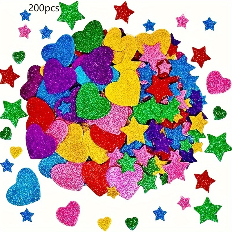 Image of 200pcs Colorful Glitter Foam Stickers - Self-adhesive Hearts & Stars, Mixed Colors, For Crafts, Greeting Cards, And Home Decor, Cute Stickers