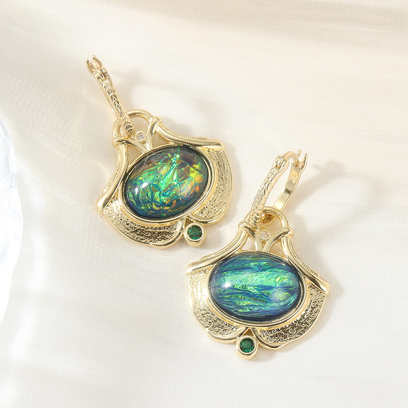 Chic Leaf-Patterned Earrings with Synthetic Blue-Green Opal Accents