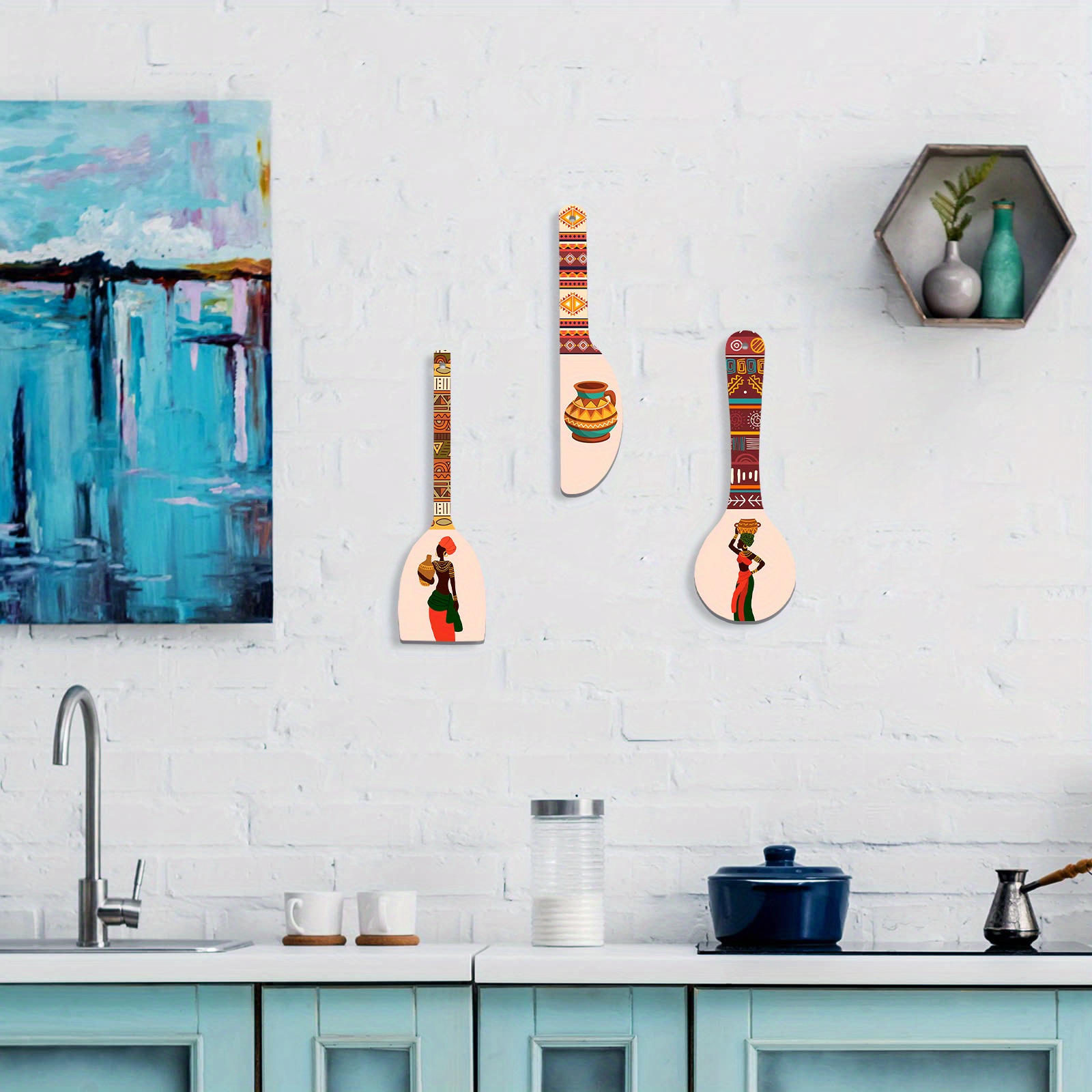 2d Flat, 2d Flat 3pcs Wooden Kitchen Wall Decor, Stylish, Unique, And Elegant Design, Kitchen Wall Hanging Ornaments,…: retailer-supplied image