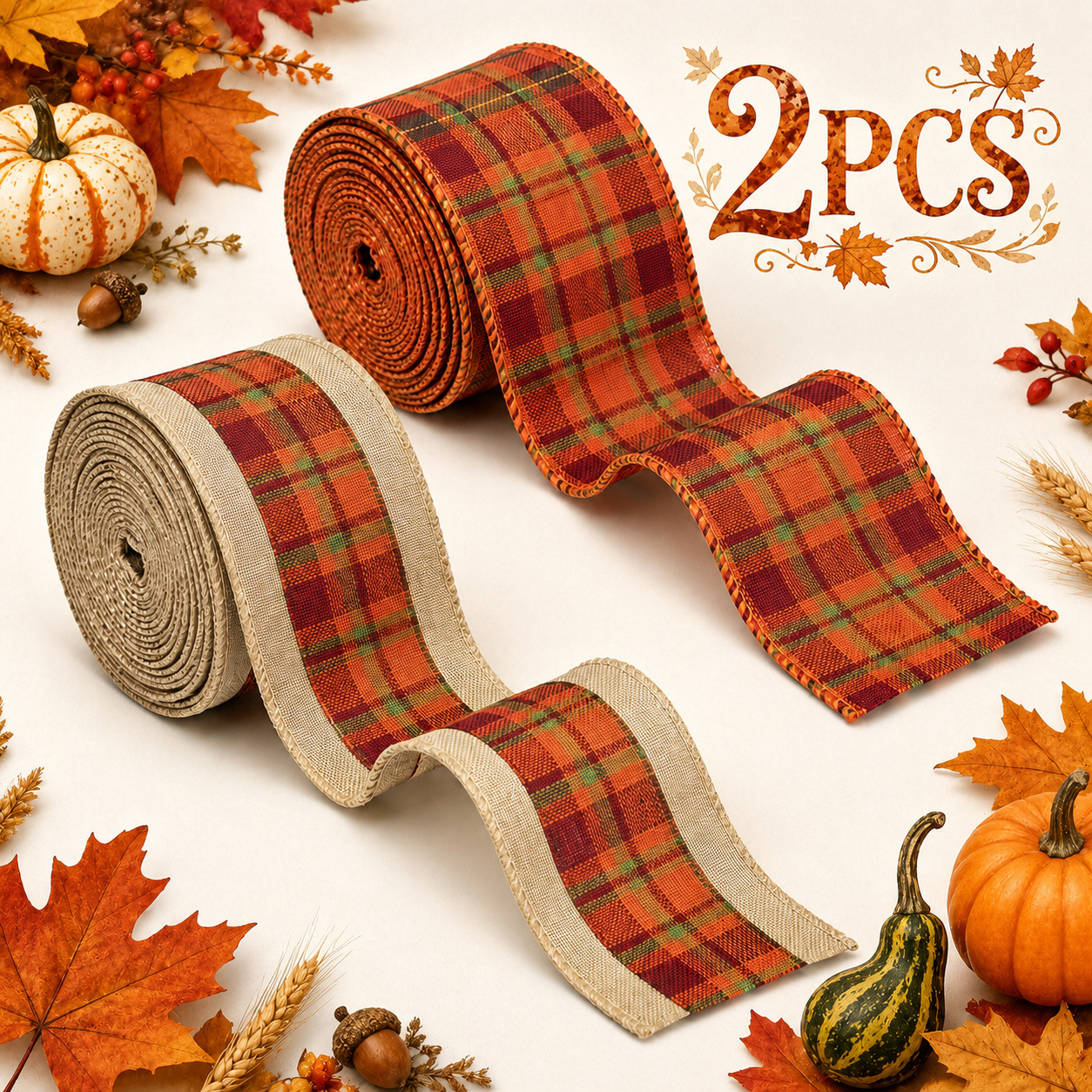 TEMU 2 rollen herfstruit lint met draadrand, oranje ruitpatroon & juten afwerking - 2,5 inch breed, geschikt voor Thanksgiving-oogstdecoraties,