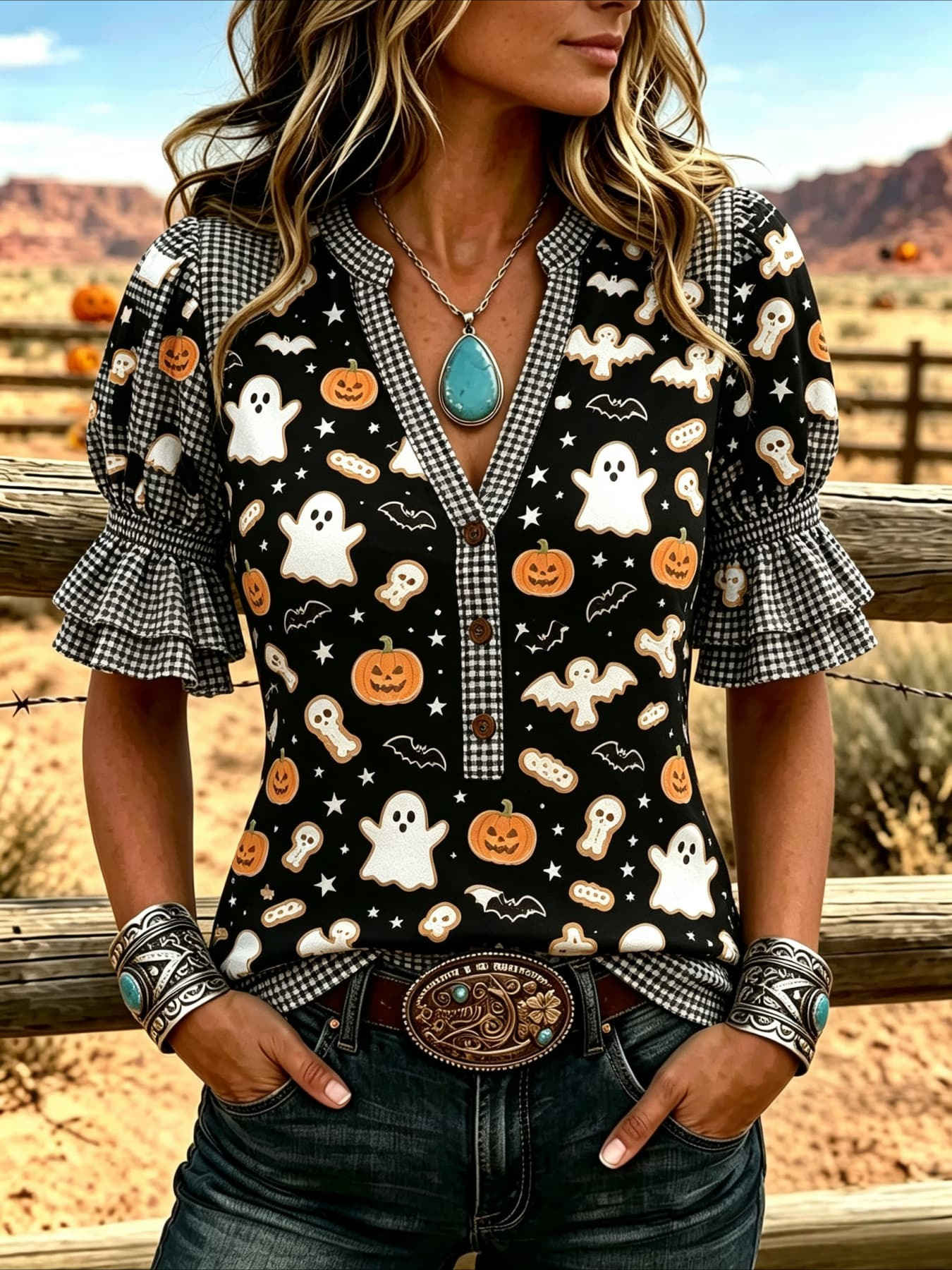 black and white checkered halloween ghost skull cookie pumpkin bat and   v neck shirt for women with   puff short sleeves and half button western style top
