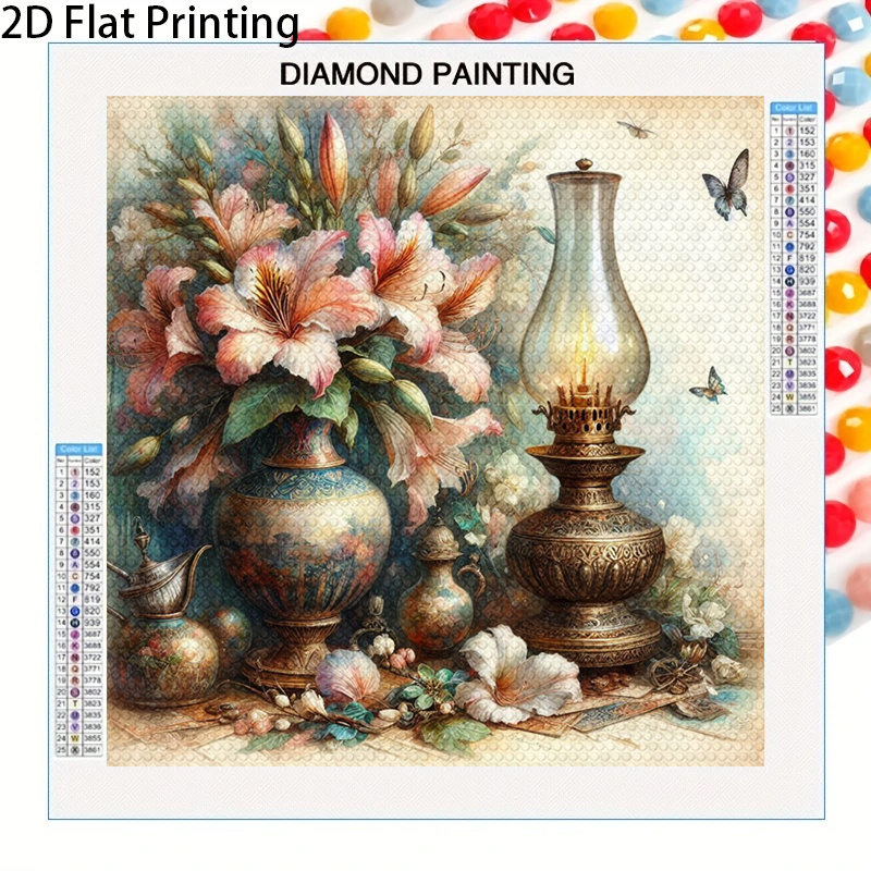 item picture 1pc 2d flat printing frameless diamond painting kit retro oil lamp and   theme hand drill decoration painting suitable for home decor and creative gift for  