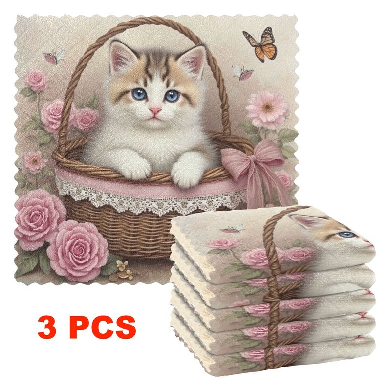 TEMU Ensemble de 3/6 chiffons de cuisine avec motif de chat de dessin , lingettes de nettoyage réutilisables en ultra-fines, très absorbantes et