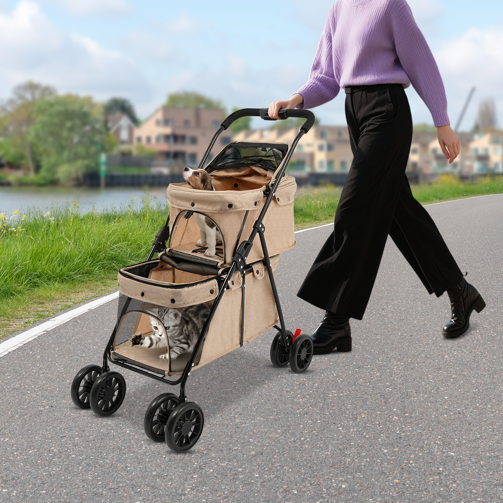 item picture two tiered pet stroller in khaki ideal for jogging or gliding