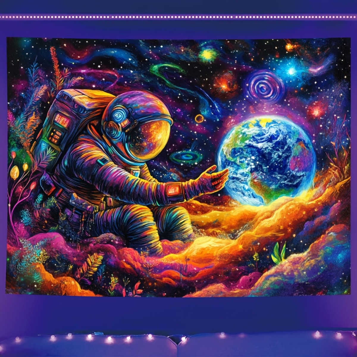 TEMU Vibrant Astronaut Uv Reactive Neon Wall Hanging - 199. 9x149. 86cm Banner With Space Scene, Glowing Under Black Light For Dorm, Home, Bedroom &