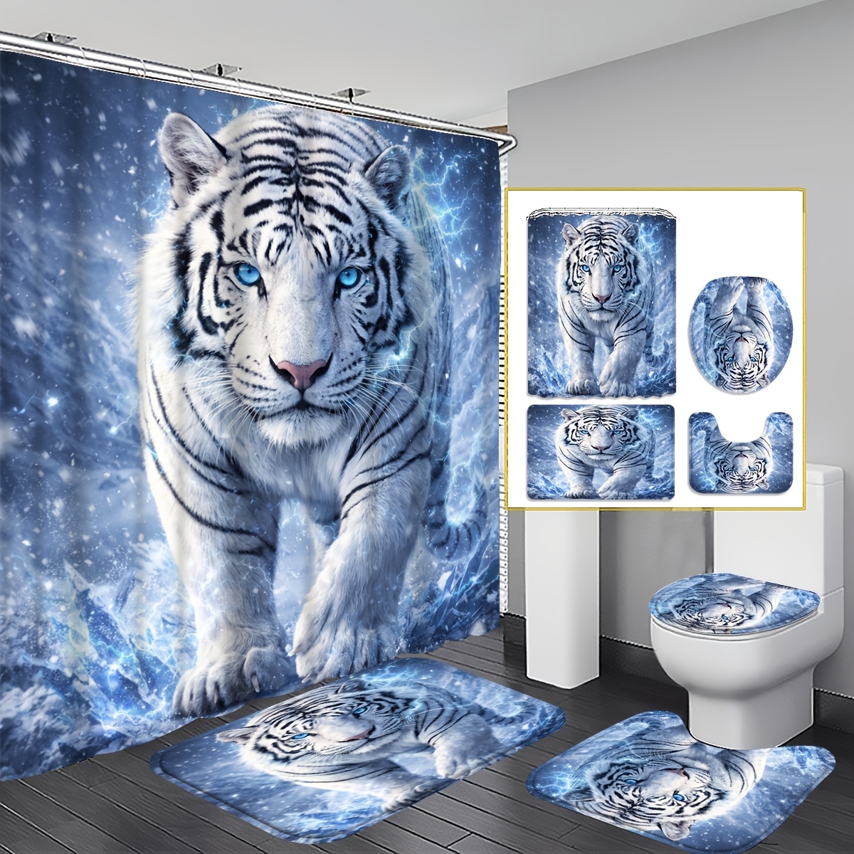 TEMU 4pcs White The Curtain, And Easy To Clean. Includes, U-shaped, Toilet Lid Cover And 12 Hooks. , Quiet And Elegant Bathroom Decor.