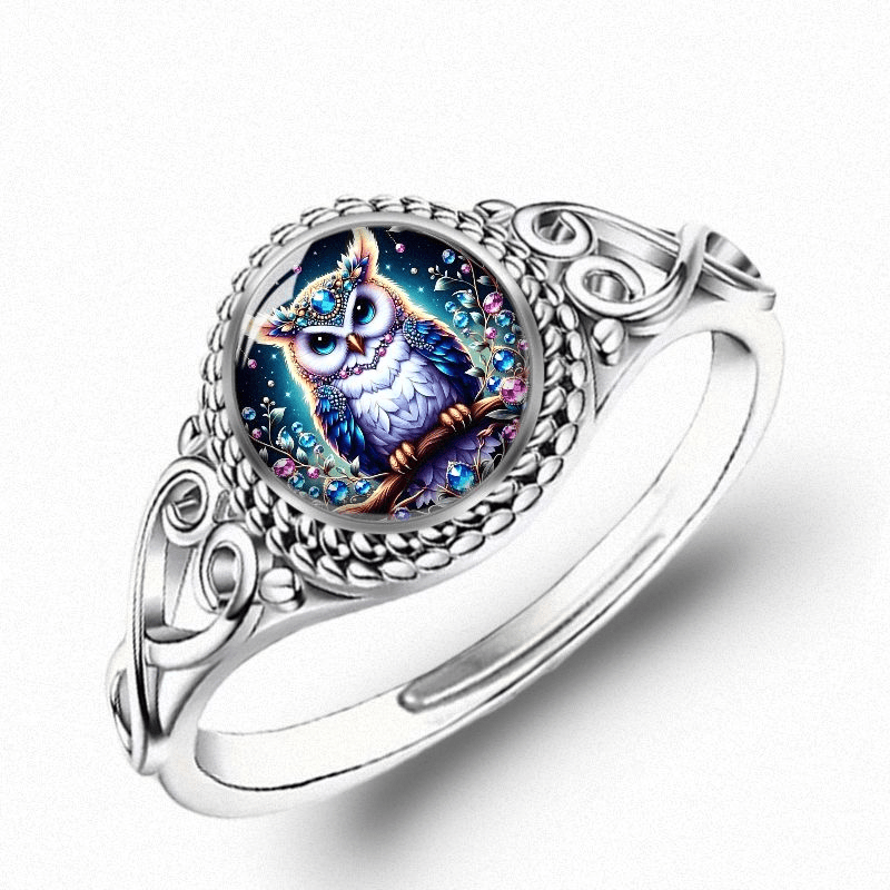 Image of Vintage Ring For Women - Metal Band With Round Glass Cabochon, Colorful Blue Purple Pink Green Floral Owl Art, Intricate Scrollwork & Twisted Rope Texture, Unique Gift For