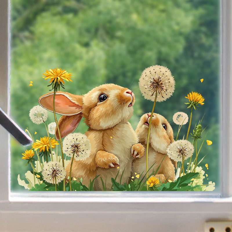 TEMU Spring Easter Bunny Window Cling, Featuring Rabbit, Dandelion, And Floral Patterns | Perfect For Bedroom, Living Room, Or Hallway Window Wall