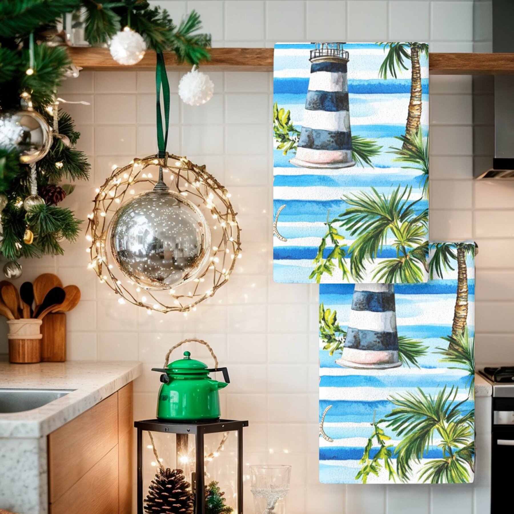 2pcs tropical lighthouse & palm tree kitchen towels - absorbent polyester dish cloths with nautical and  , ideal for home decor and housewarming gifts, hand wash only details 1