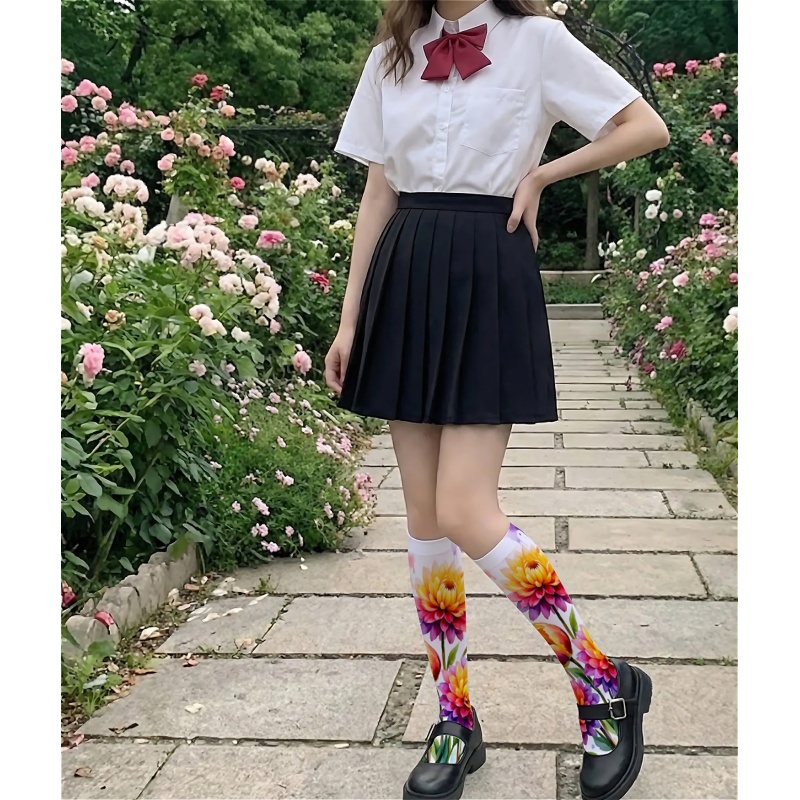 a pair of womens calf length socks with vibrant floral prints featuring colorful flower patterns   thin versatile for streetwear summer calf socks jk style calf socks high tube fairy socks long tube socks
