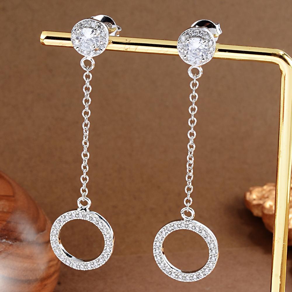 Fashion Trendy Synthetic Zirconia Circle Tassel Pendant Earrings, Silvery