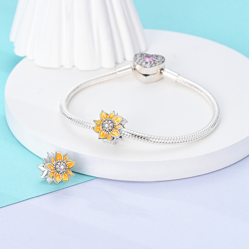 925 Silver Cream Sunflower Bead Charm for Bracelets