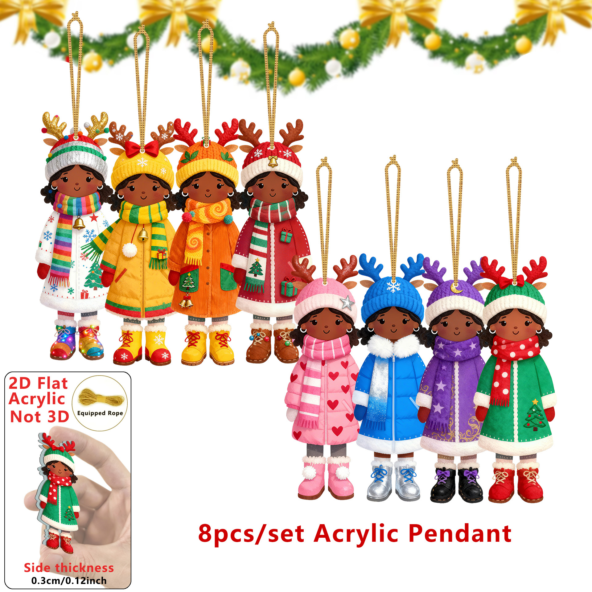 TEMU 2d Flat, 2d Flat-8pcs Christmas African American Antlers Girl Acrylic Pendant, Cute Girl Pendant For Christmas Tree Decoration, Supplies, Home,