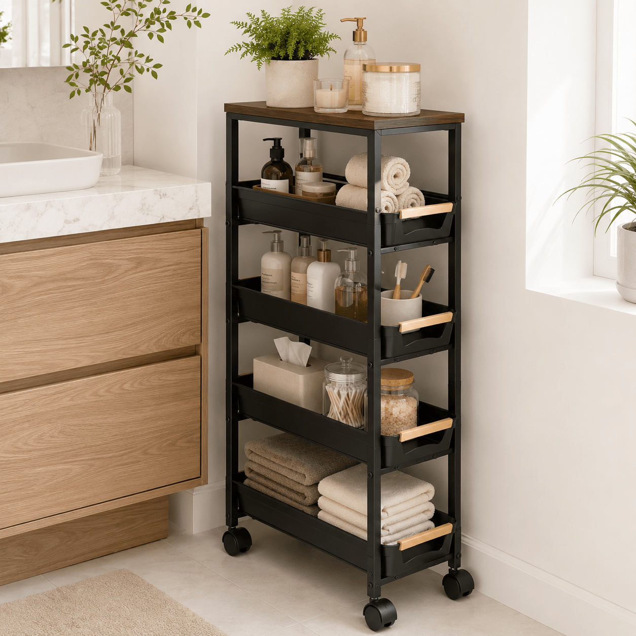 Image of 5 Tier Kitchen Trolley With Casters, Metal Frame, Handle, Small Space, 20.5 X X 81.5cm, Bathroom, Living Room, Office