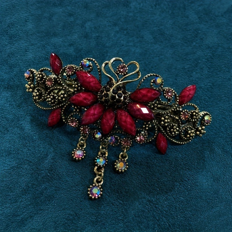 vintage floral   hair clip turquoise blue clear floral hairpin with spring clamp elegant wedding party everyday hair accessories for women retro hair clips for braids updos bangs Product details 5