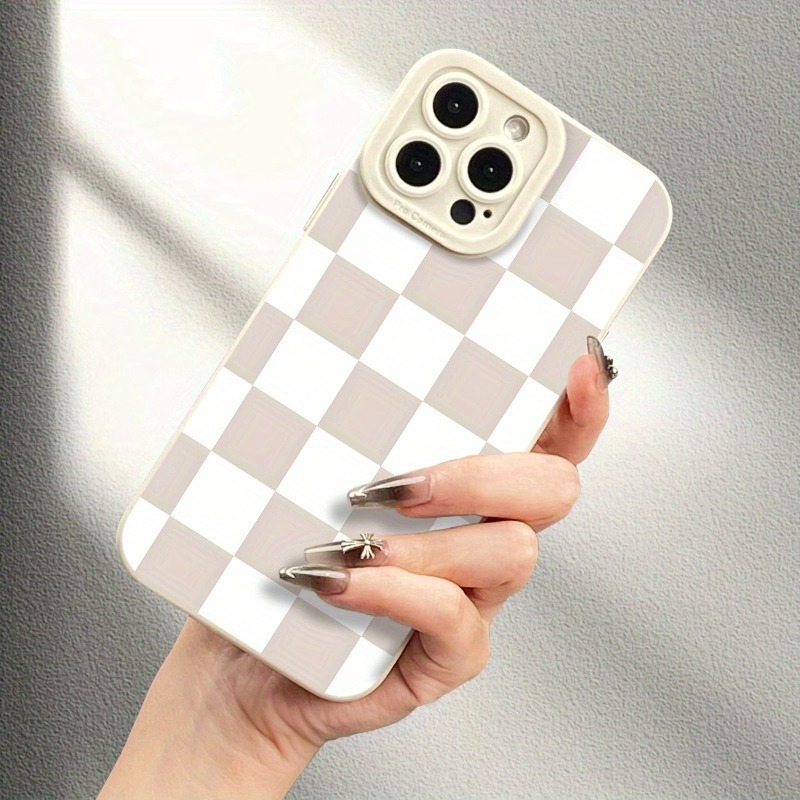 TEMU Étui de téléphone : Coque de protection carrée à motif grille blanche et noire avec œil d', compatible avec iPhone 11, 12, 13, 14, 15, 16 Pro ,