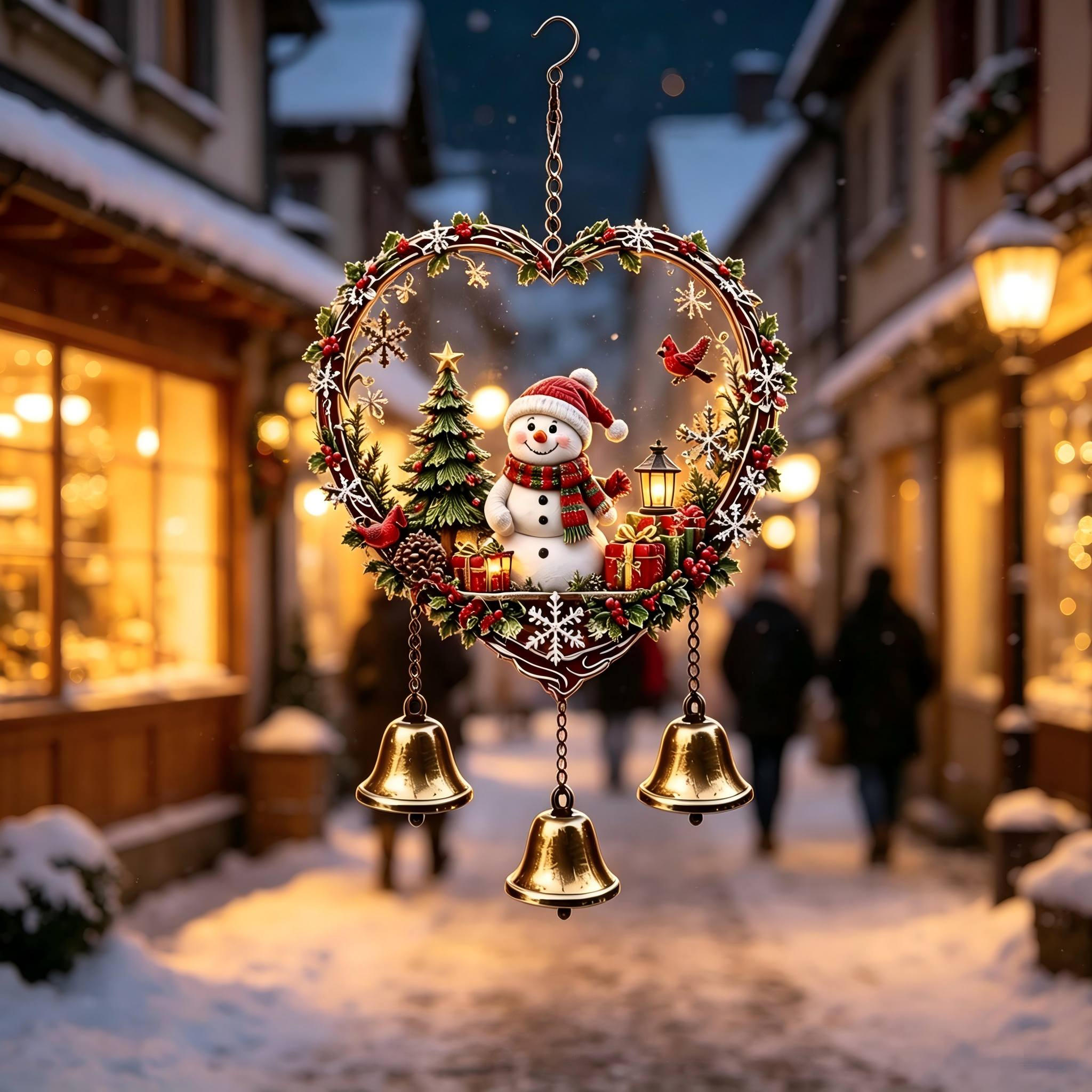 TEMU Heart Wreath Christmas Snowman 3pcs Copper Bells Metal Wind Chimes, Snowman Red Bird Shape, Cottage Porch Wreath Fresh And Elegant, Full Of Warm