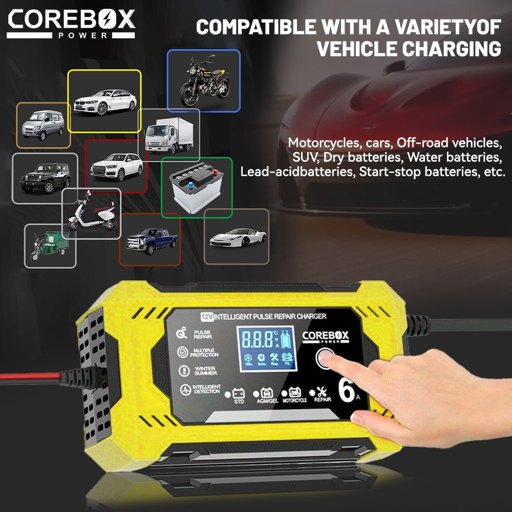 COREBOX Smart 12V Car Battery Charger & Maintainer - 6A Pulse Repair, LCD Display, Temperature Compensation for AGM, GEL, SLA & Wet Batteries, 4-100Ah Range, Auto Stop/ Fast Charging, Automotive Battery Charger | Portable Battery Charger