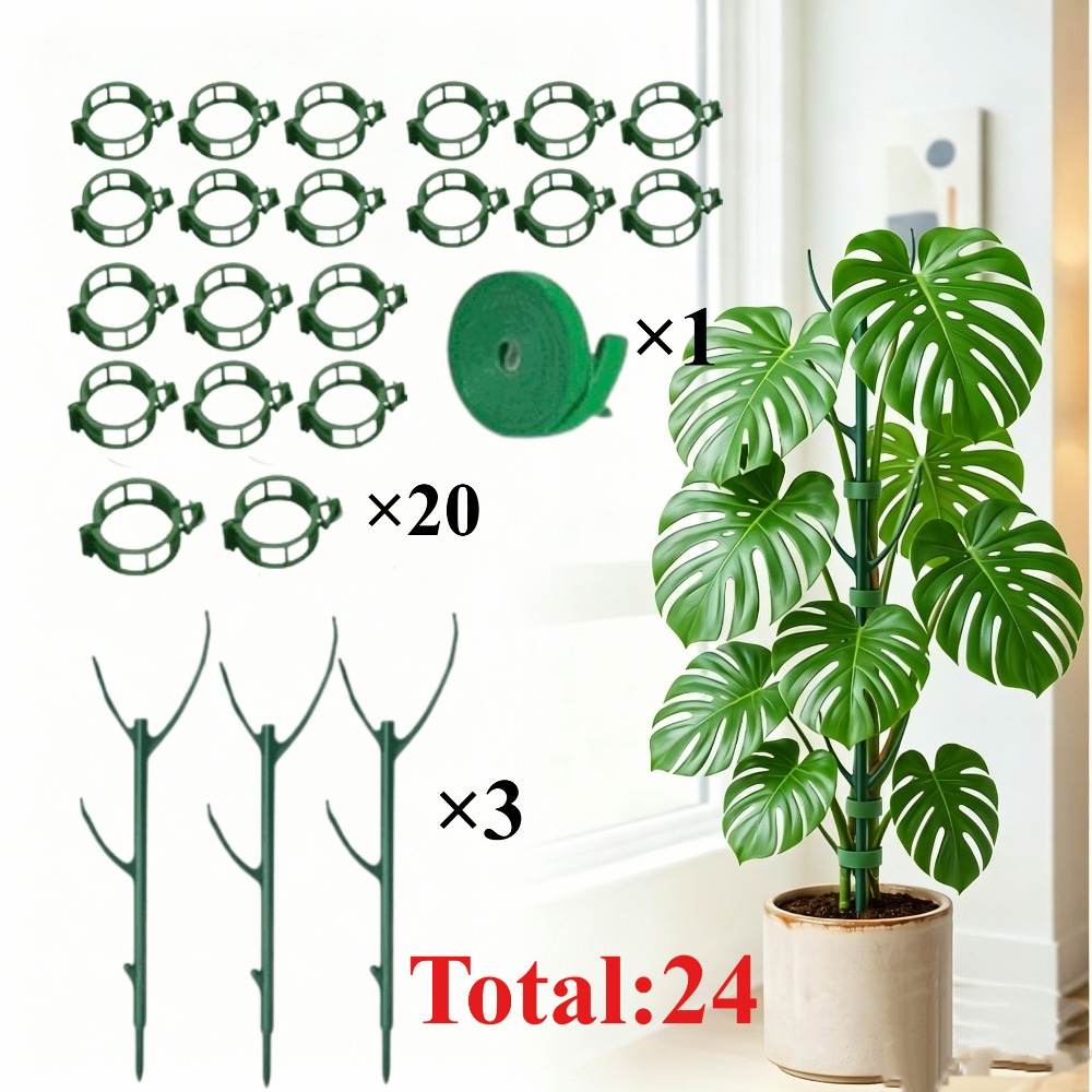TEMU Total 24pcs Includes 3 Monstera Moss Poles And 1 Rolls Of, 20pcs Clip The Poles Stacked To Increase Height The Needs Of Different Growth ,