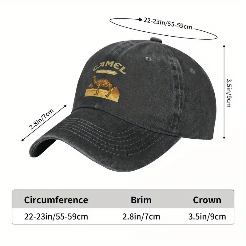 Adjustable Baseball Cap with Camel Desert Scene Design. Lightweight, Machine Washable, suitable for Outdoor use.
