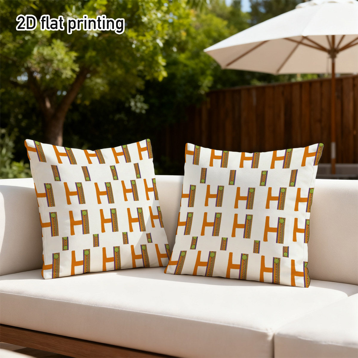 TEMU Lot de 2 housses de coussin plates 2D, style bohème élégant, lettre H orange, avec géométriques et accents verts, parfaites pour canapé moderne,