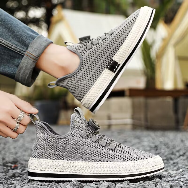 Men's Casual Shoes, Straw Woven Rotating Buckle Fisherman Shoes, Large Mesh Hollow-Out Skate Shoes, Breathable Slip-On Loafers for Men