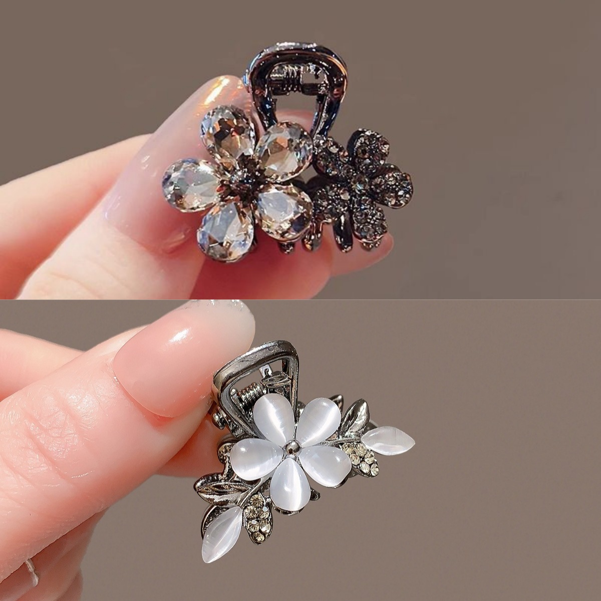 TEMU 2pcs Set, Fashionable And Elegant Rhinestone Flower Mini Small Hair Claw Clip For Women, Petite Flower Hair Claw Clip For Bangs And Flyaways,